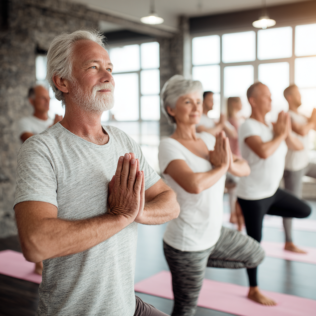 Group of middle-aged and senior adults practicing gentle yoga poses in bright studio