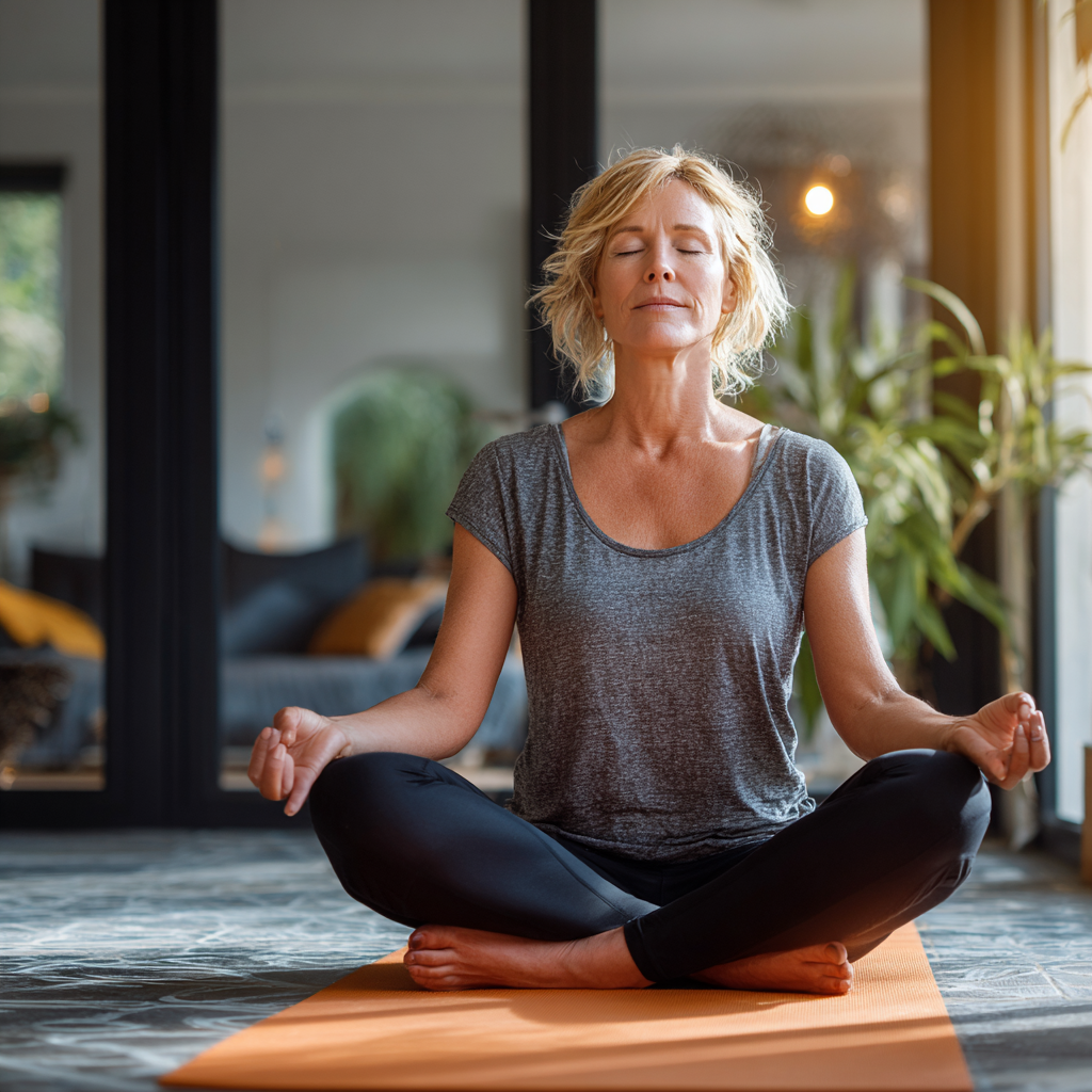 Middle-aged woman practicing yoga meditation in peaceful indoor environment
